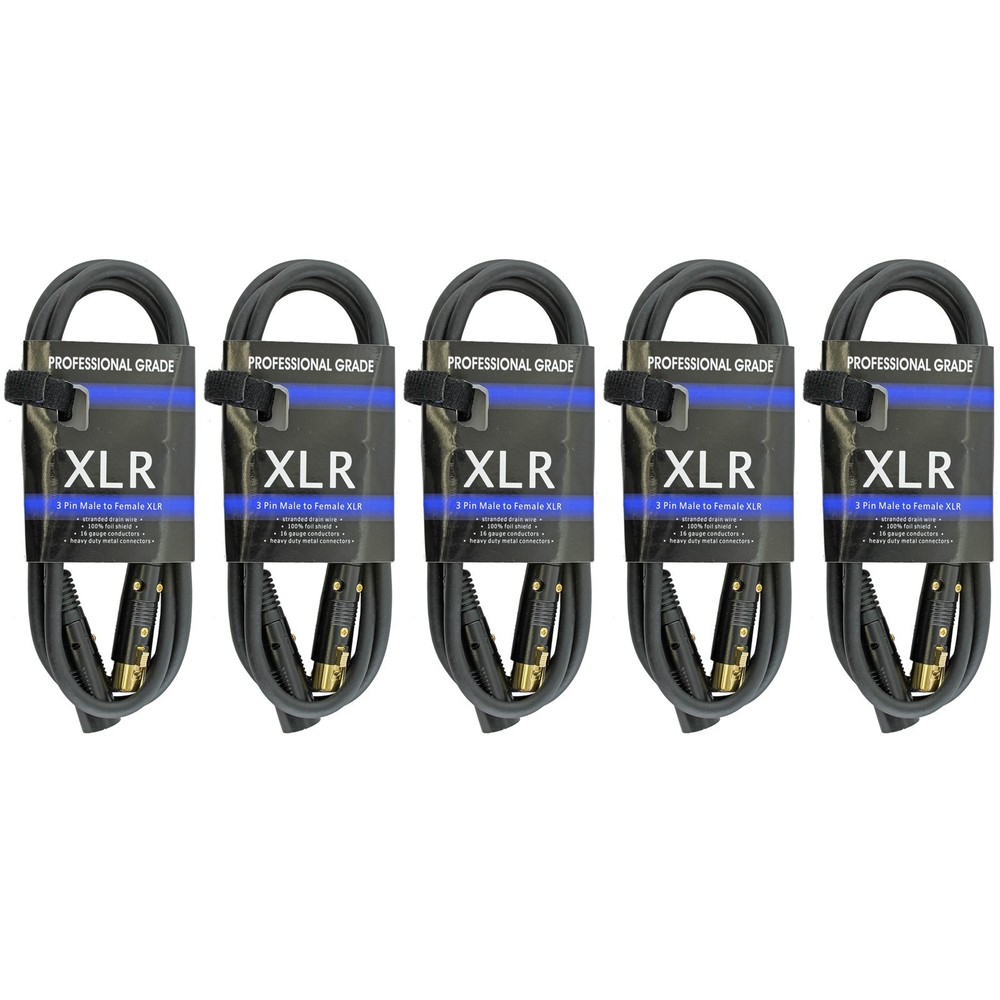 5 PACK LOT 10 ft foot 16 GAUGE 3pin shielded XLR MALE TO FEMALE MIC cables cords