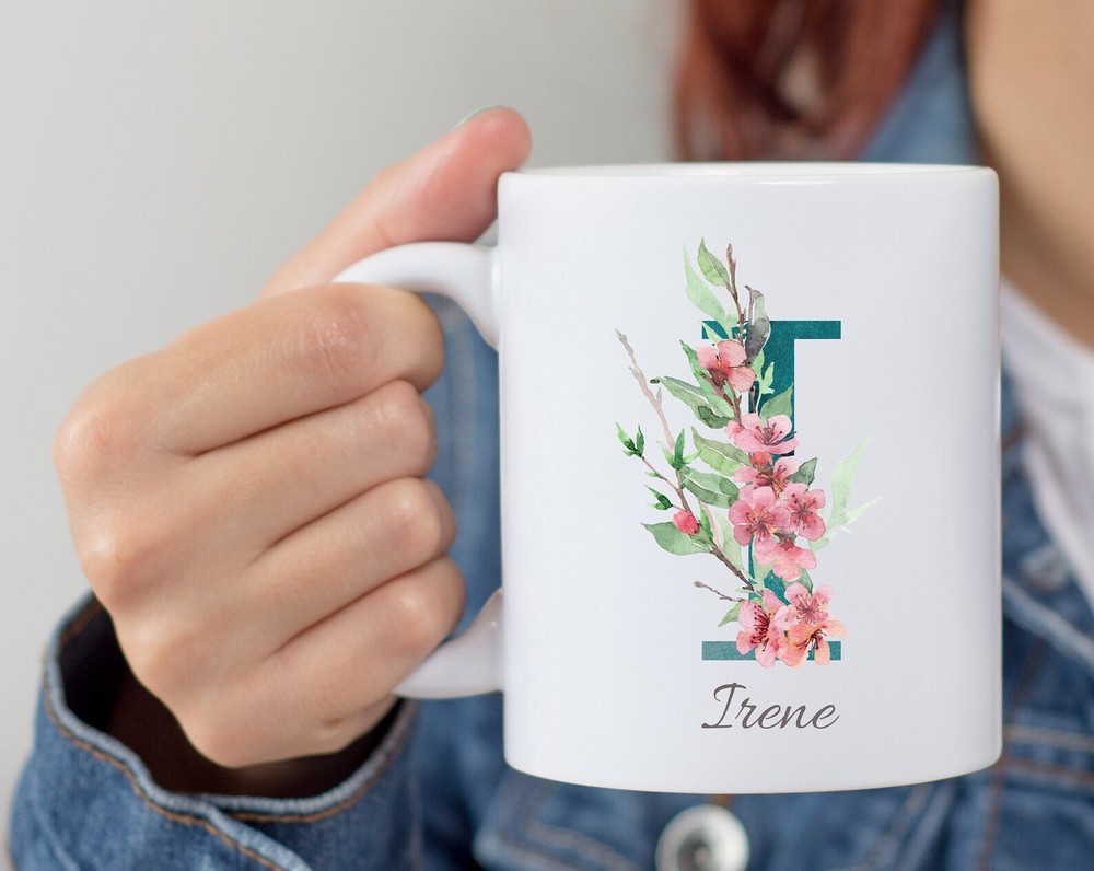 Personalized Monogram Initial Name Mug Floral Alphabet Cup Birthday Gift