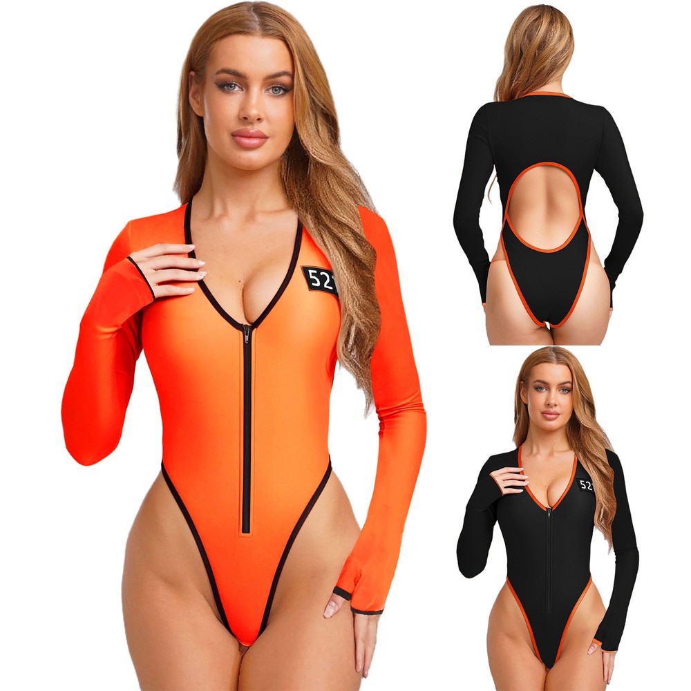 Women Bodysuit Role Playing One Piece Orange Jumpsuit Swimsuit Cosplay Carnival
