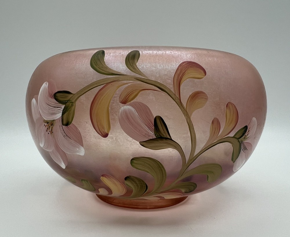 Fenton Hand Painted Pink Sunset Stretch Glass 6” Floral Rose Bowl Vase Signed