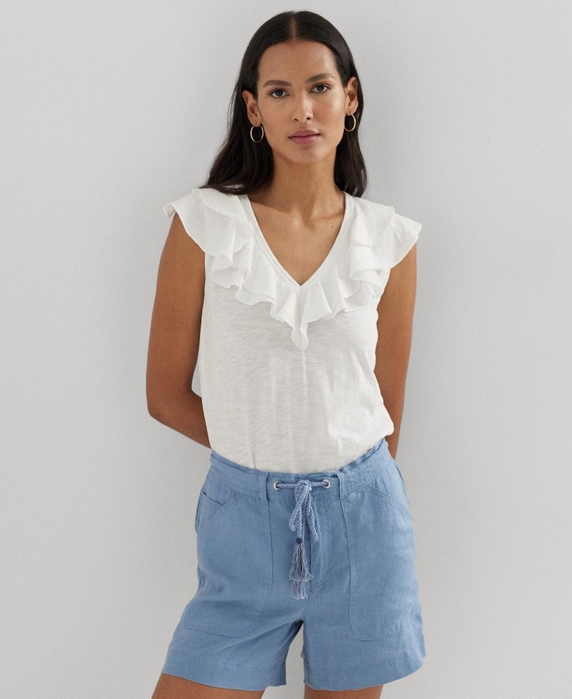 Lauren Ralph Lauren Women's Ruffled Sleeveless Tee White Size L MSRP $90
