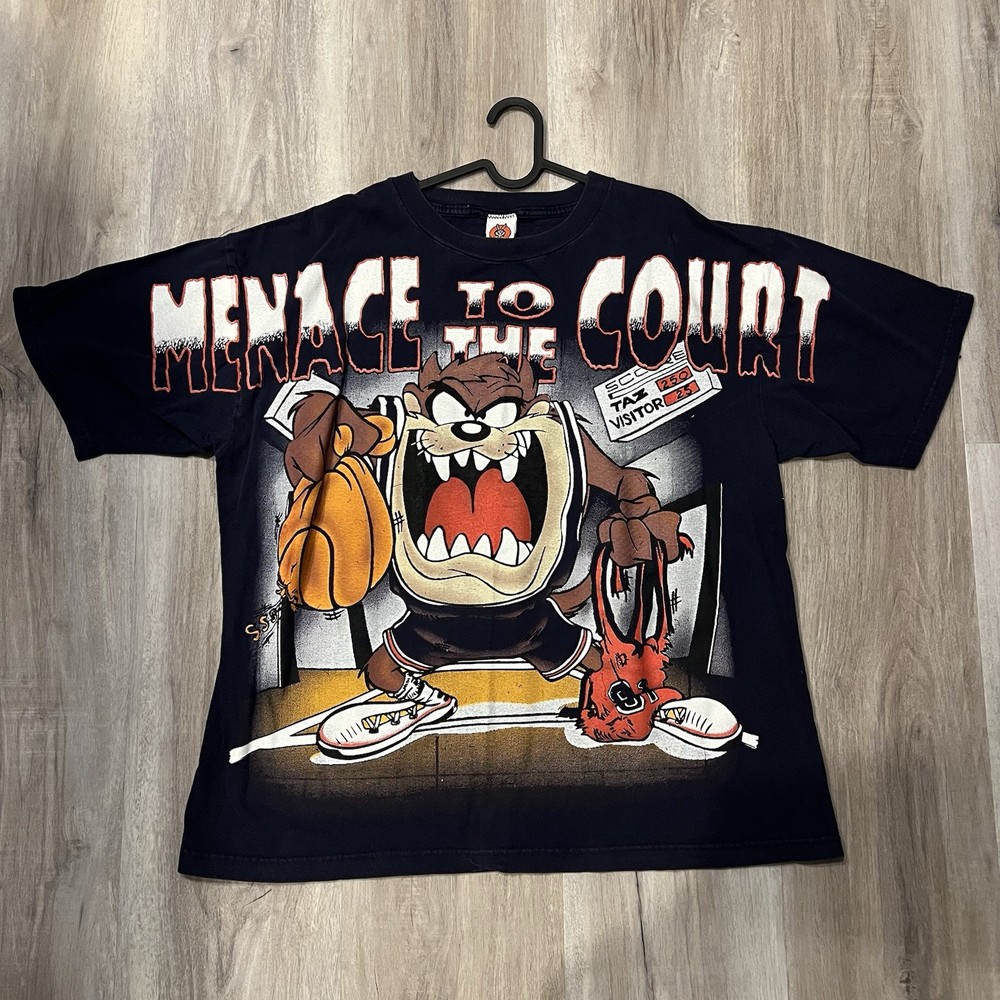 VTG Vintage Taz Looney Tunes AOP T Shirt Size XL Menace to the Court Basketball