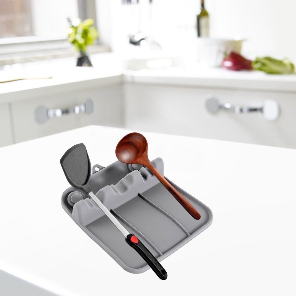 Silicone Spoon Rest Heat-Resistant w/ Drip Tray Kitchen Cooking Utensil Holder