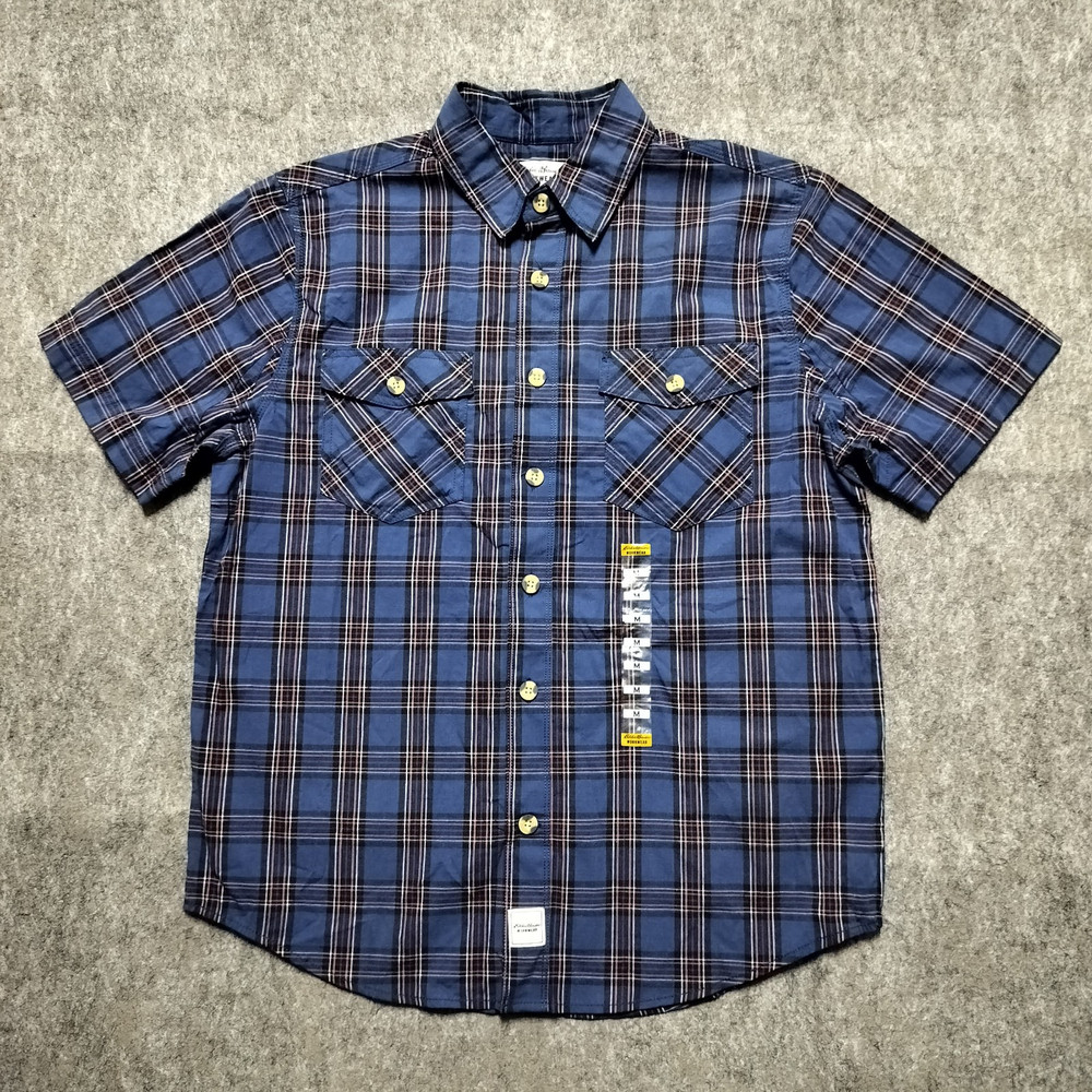 Eddie Bauer Workwear Men’s Medium Foreman Fit Blue Plaid Short Sleeve Button Up