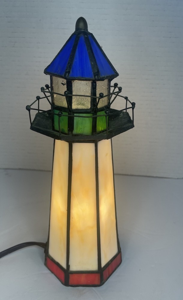 Vintage Stained Glass ~Lighthouse Lamp~Small Desktop Bed lamp Nautical 10”