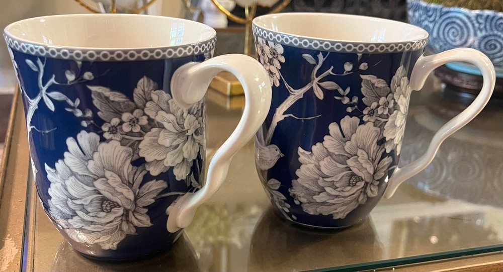 Set of 2 Adelaide 222 Fifth coffee cups blue white & gray floral & bird print!