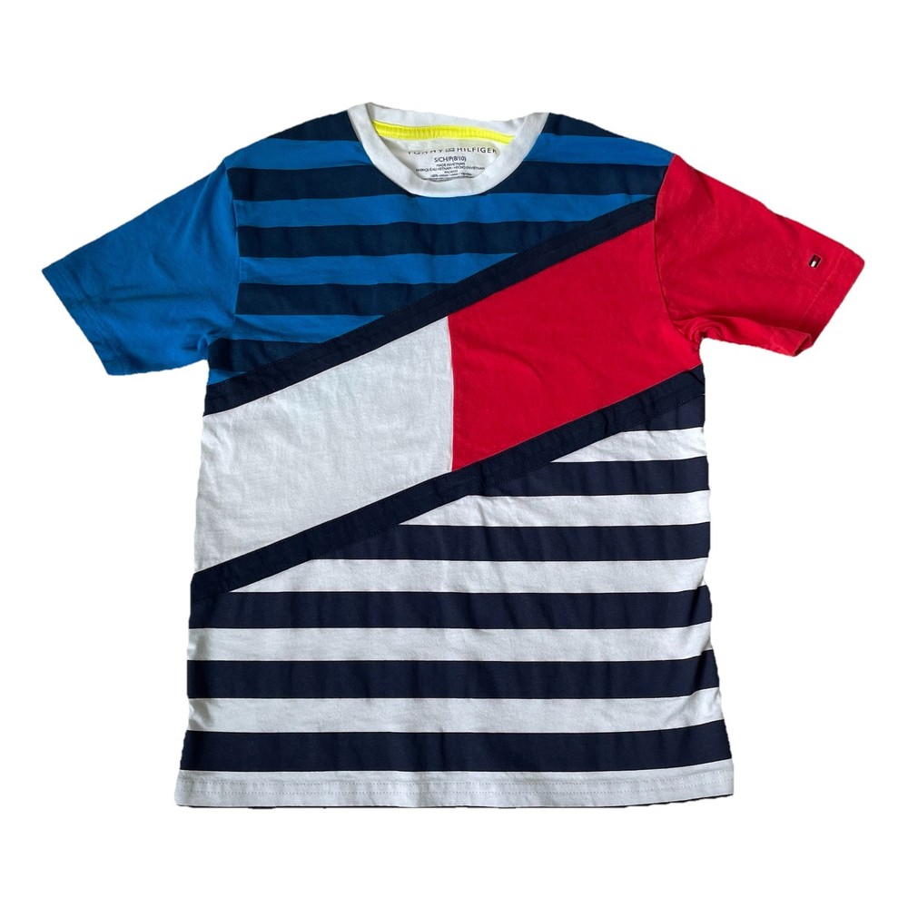 Tommy Hilfiger Boy Size Small Colorblock Stripe Short Sleeve T-Shirt Logo Sleeve