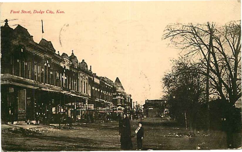 Postcard Front Street Scene, Dodge City Kansas - used in 1907