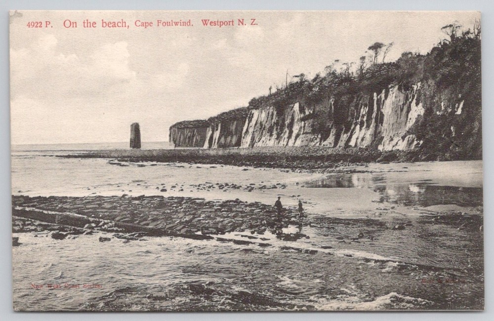 Cape Foulwind Westport NZ Beach Sea Stack Postcard Muir & Moodie c1910