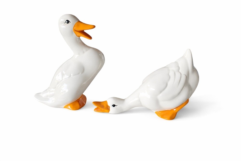 Vintage White Ceramic Goose Duck Figurine Home Decor Silly  Shelf Sitter Set  2