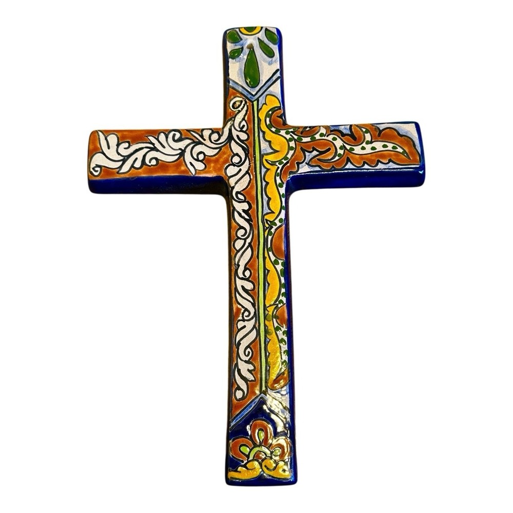 Mexican Talavera Pottery Cross Wall Art Religious Hand painted 12.25”x9”