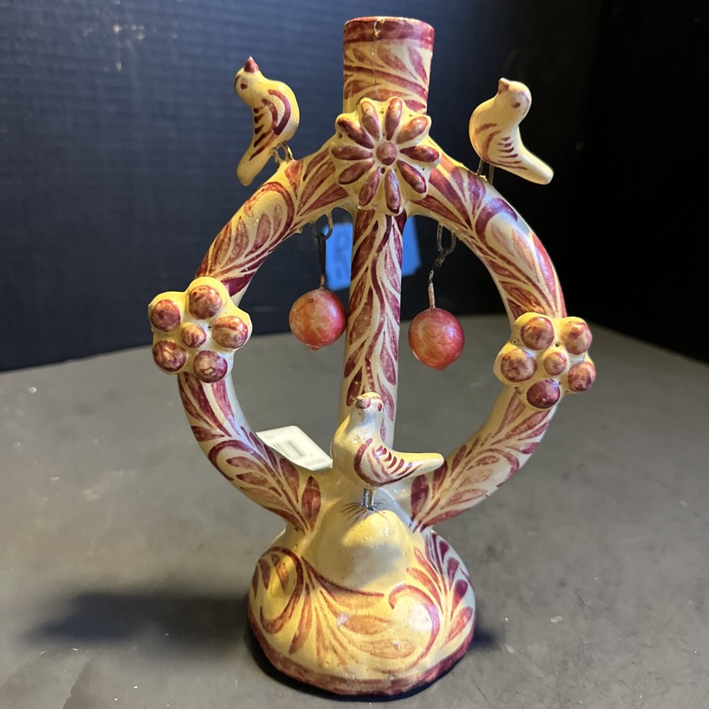 Early Vintage Mexican Folk Art Pottery Tree Life Candelabra Candle Holder #R118
