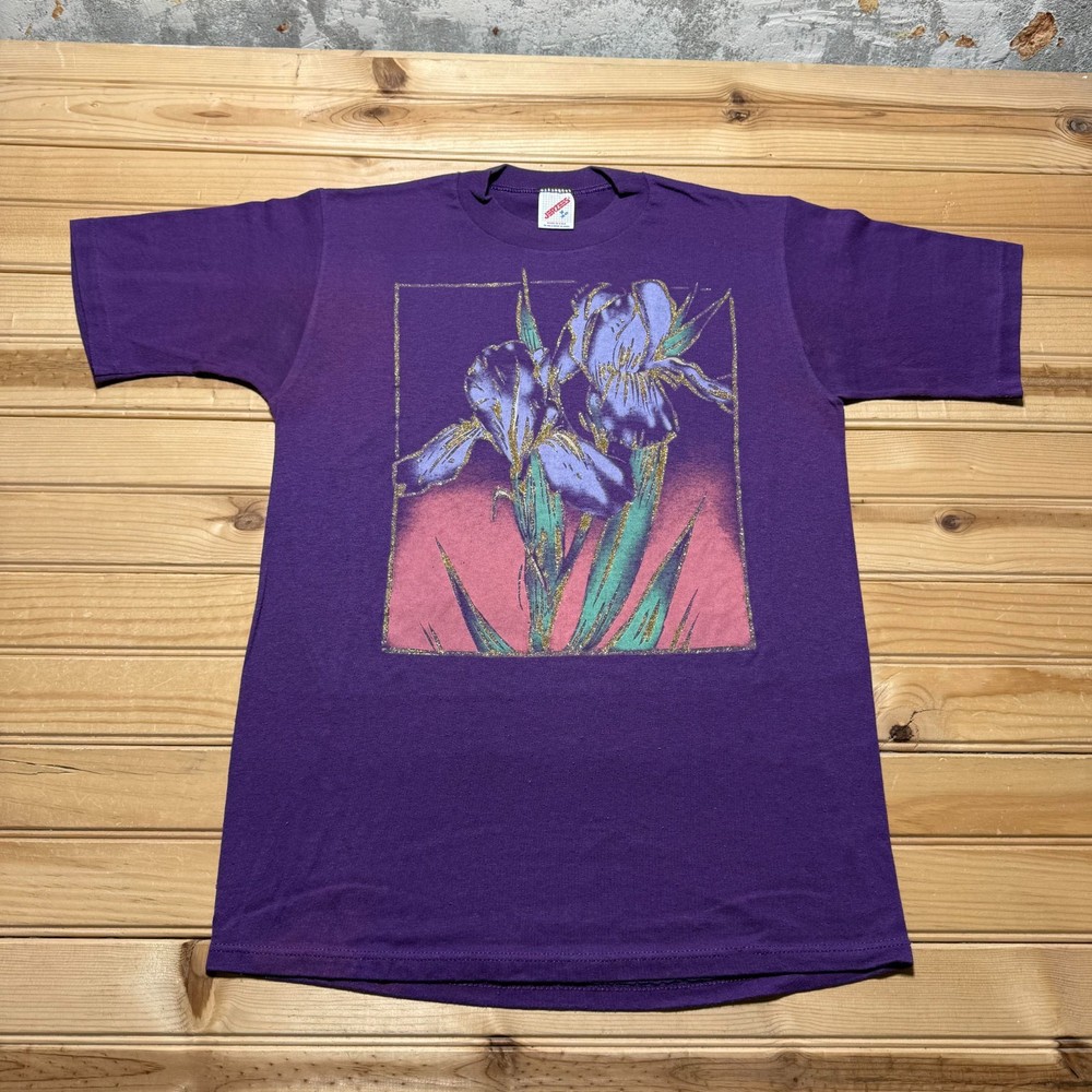 Vintage 80s Iris Flower Glitter Nature Art Graphic T-Shirt USA - Size Medium