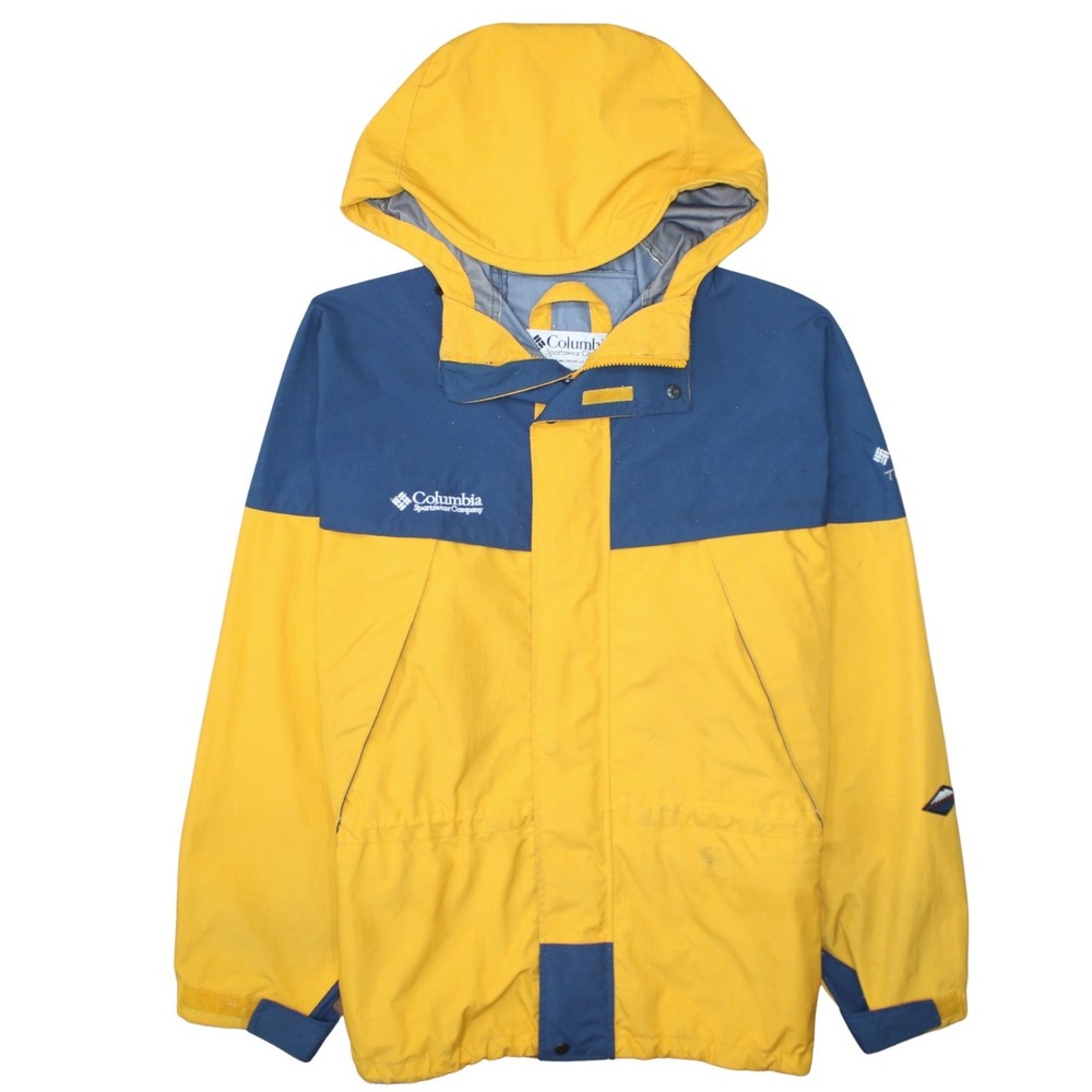 Columbia Mens Windbreaker Jacket Yellow Blue Hooded Zip Embroidered Logos L