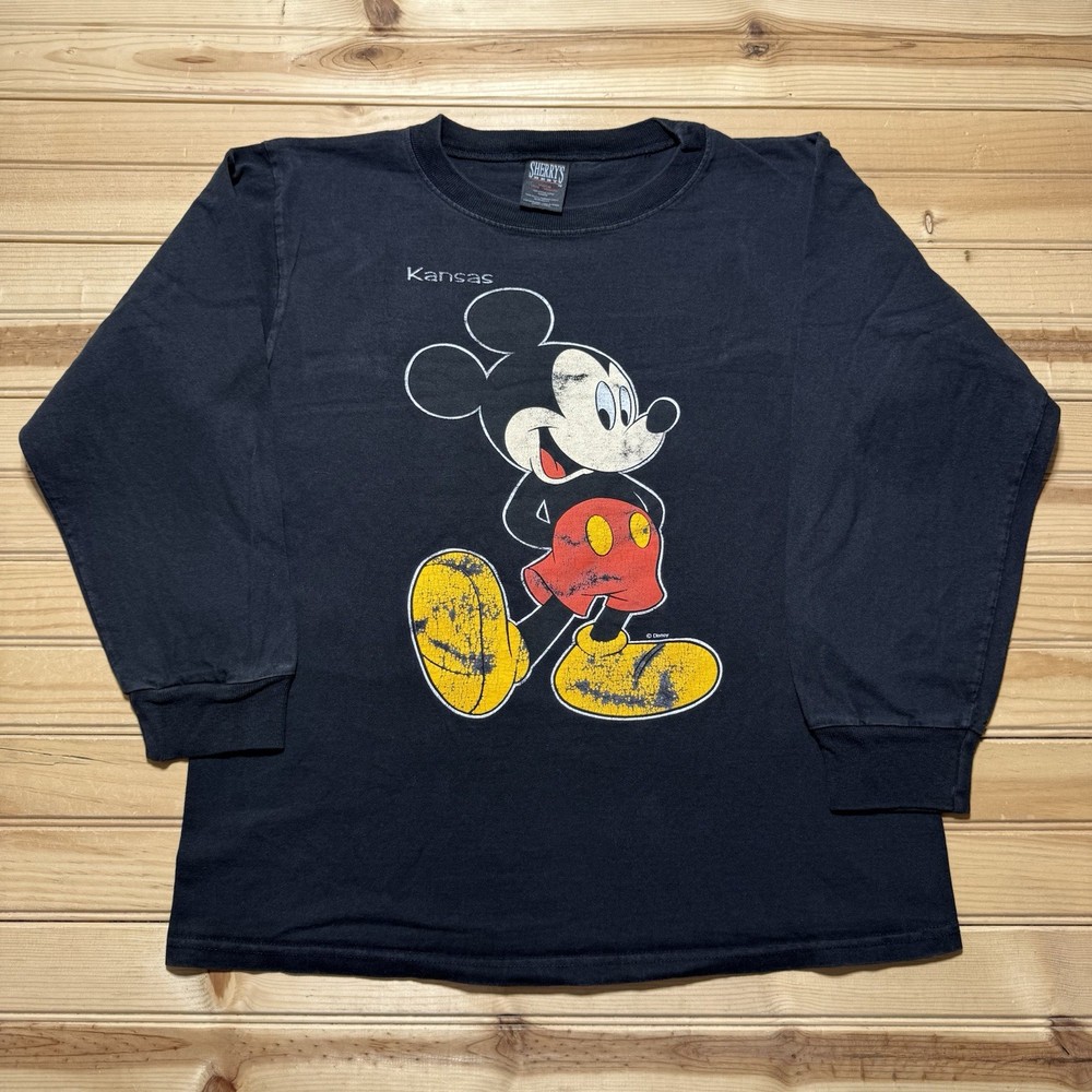 Vintage 90s Disney Mickey Mouse Kansas Classic Long Sleeve Faded Shirt - Medium