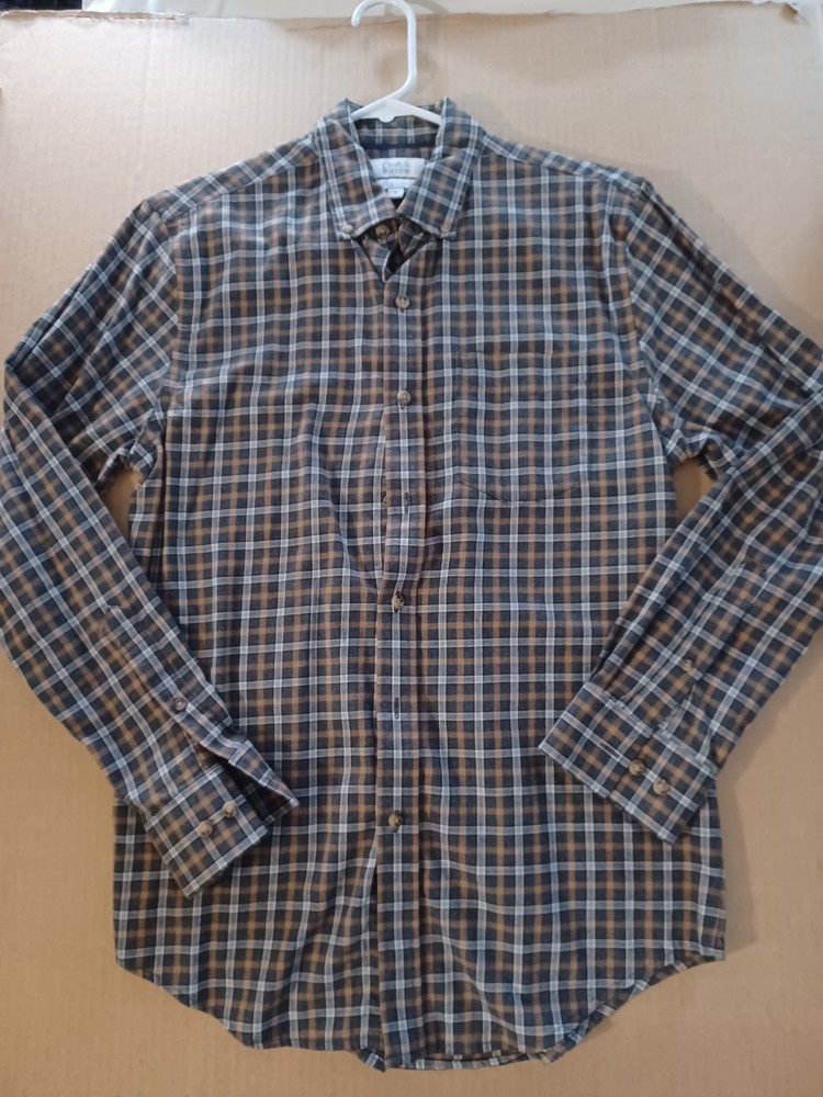 Croft & Barrow Easy Care Blue Tan Plaid Mens Button Down Shirt Long Sleeve Small