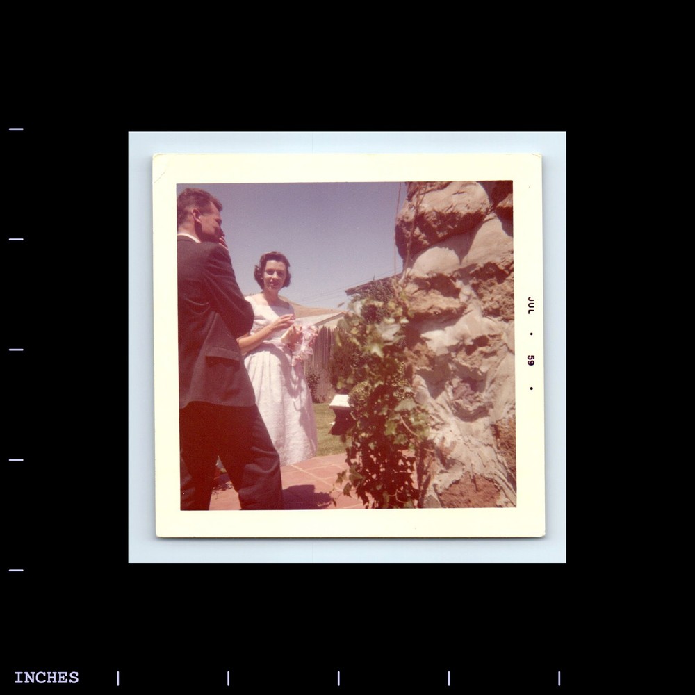 Square Color Photo MAN WOMAN BRIDE GROOM IN YARD 1959