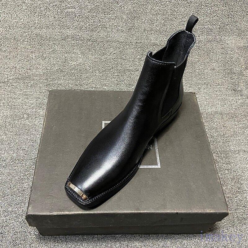 Men Real Leather High-top Chelsea boot Ankle Boots Metal Square Toe Dress Shoes