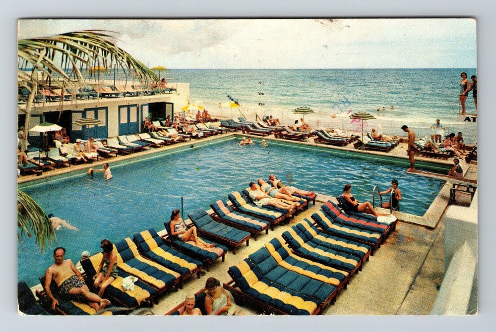 Miami Beach FL-Florida, Atlantic Towers, Aerial View Pool, Vintage Postcard