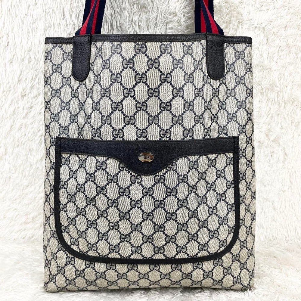 Vintage GUCCI GG Canvas Sherry Line Tote Bag Navy Black Auth 0168 PVC