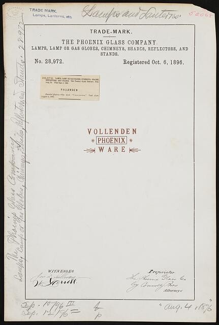 Phoenix Glass Company Vollenden Trademark Registration 1896 Lamps Globes