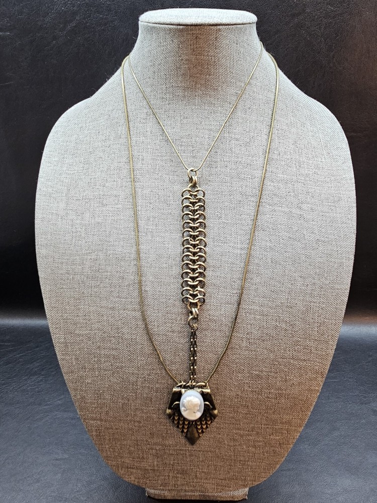 Vintage Brass Victorian Style Cameo Pendant Statement Necklace 19