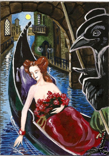 5x7 CROW RAVEN RYTA VENICE MOON VALENTINES DAY ART ITALY PRINT OF PAINTING GIFT