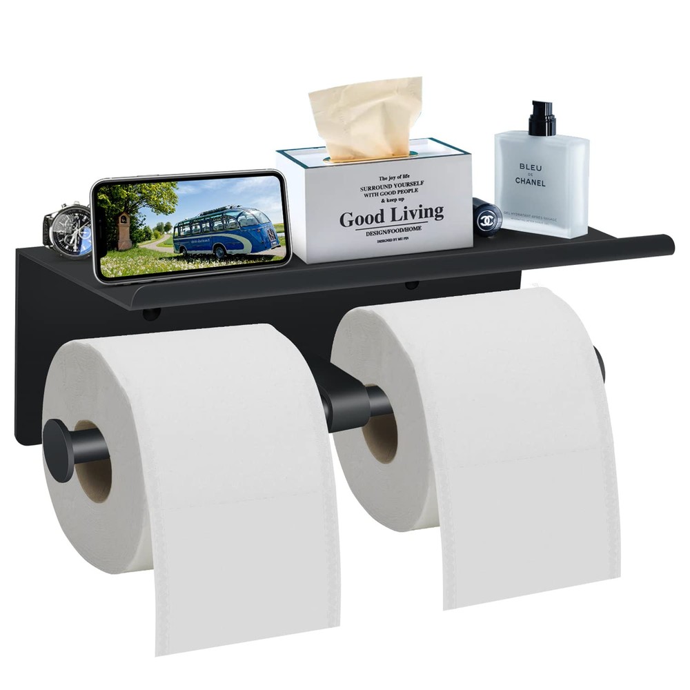 Wall-Mounted Toilet Paper Holder with Shelf for Double Roll Storage