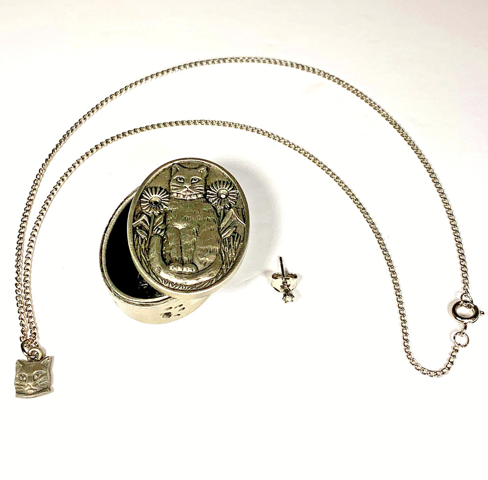 Vintage Ms Dee Pewter Trinket Box with Brooch, Pendant and Earring
