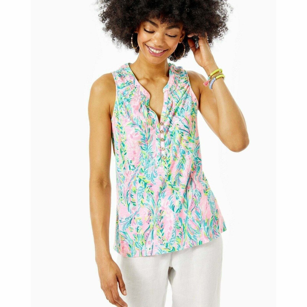 Lilly Pulitzer Essie Tank Tunic Top Smocked Printed Resort Cotton Beach S 285709
