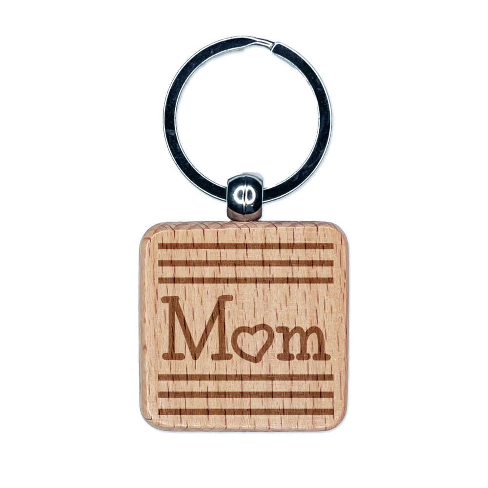 Mom Love Stripes Mother's Day Engraved Wood Square Keychain Tag Charm