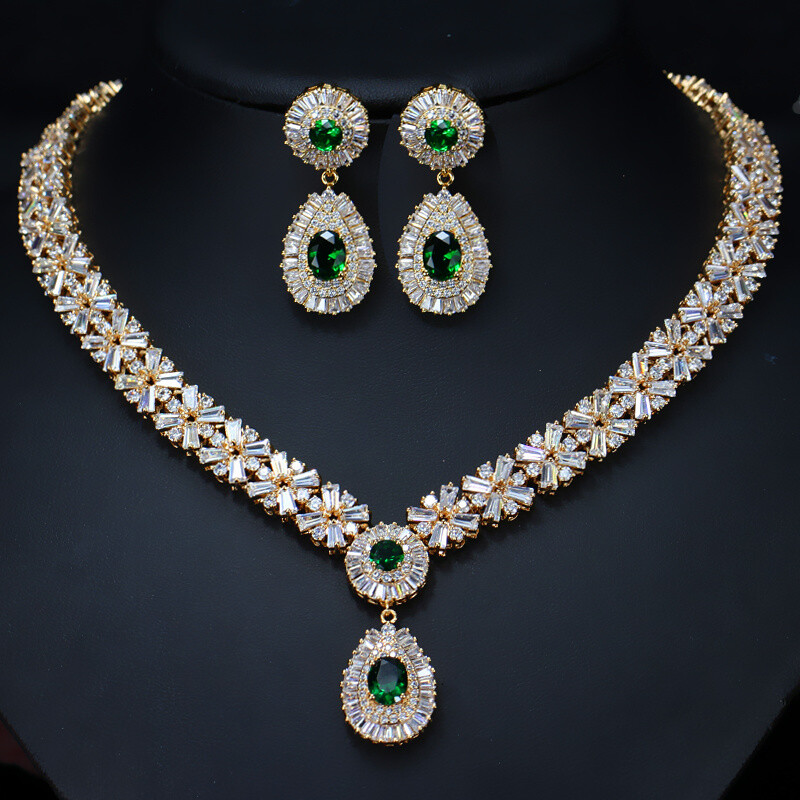 Luxury Bridal Green CZ Crystal Wedding Gold Plated Necklace Earrings Jewelry Set