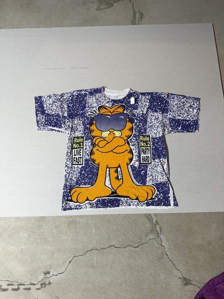 Rare Vintage 90s Garfield AOP T-Shirt Rule Live Fast Party Hard Leave Early XL