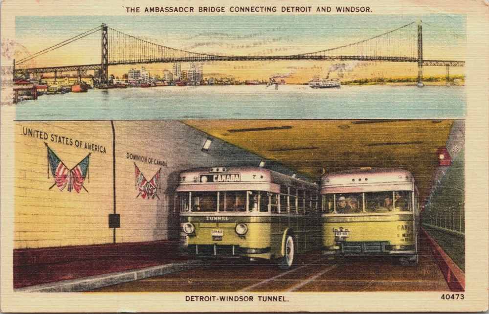 Detroit Michigan Tunnel Between Windsor Ontario Buses Multiview Postcard