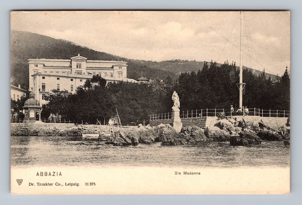Croatia- Abbazia Kvarner Bay Rocky Coastline Madonna Statue Old Vintage Postcard