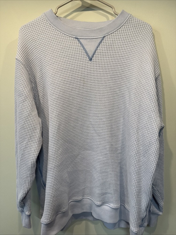 Aerie Oversized Waffle Knit Top M Blue Thermal Crewneck Slouchy Lounge Ski Cozy