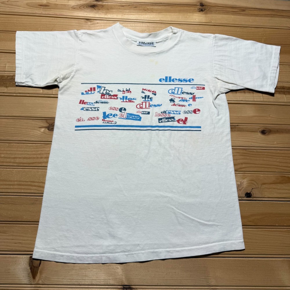Vintage 80s Ellesse Multi Logo All Over Spell Out Sports Graphic T-Shirt Medium