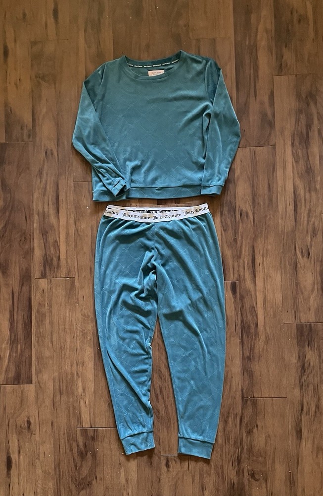 Juicy Couture Velour Track Pajama Set Size S Allover Logo Teal Turquoise Y2K