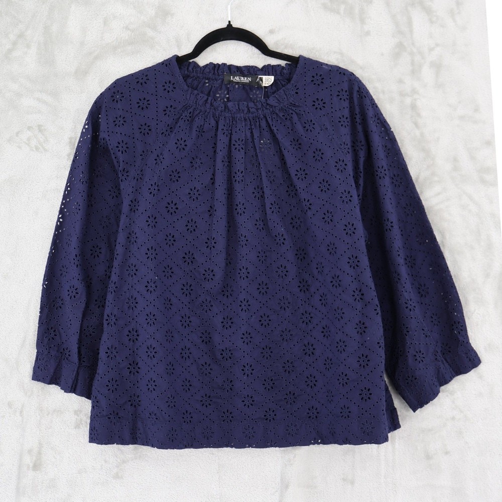 Lauren Ralph Lauren Eyelet Linen Blouse Womens Large Navy Blue Boho Top NWT