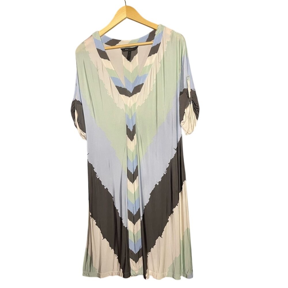 BCBG Max Azria Chevron Print Shift Dress Blue Green Roll Sleeve L