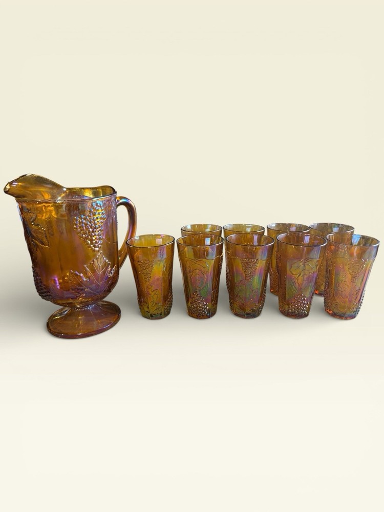Indiana Glass Carnival Amber Grape Pitcher & 8 Tumblers 1970s Iridescent Barware