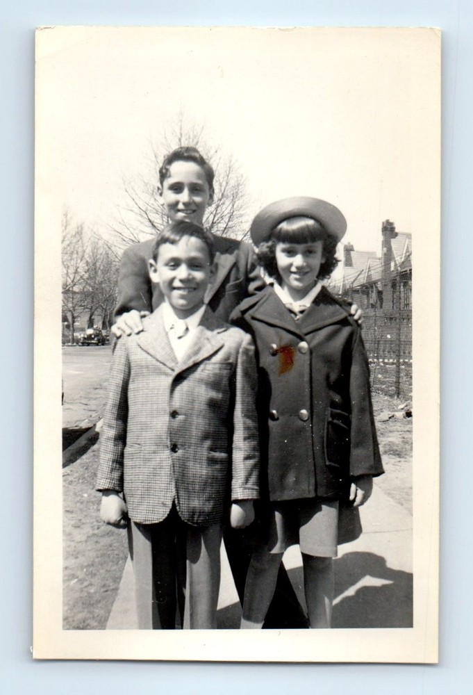 Old Vintage Photo TRIO BOYS GIRL STANDING ON SIDEWALK FOUND PHOTOGRAPH PIC
