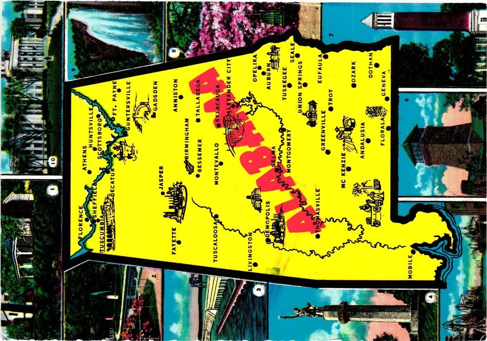 Vintage Postcard 4x6- Alabama Map Vintage Postcard