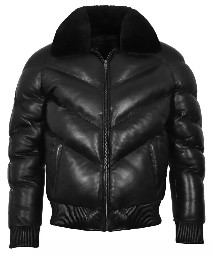 Ace Black Mens Designer Puffer Bomber Jacket in Real Lambskin Leather-image