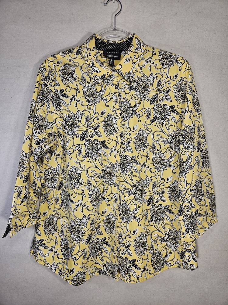 Foxcroft Women's Sz 18 Wrinkle-Free Button Up Blouse Yellow Floral Cotton Blend