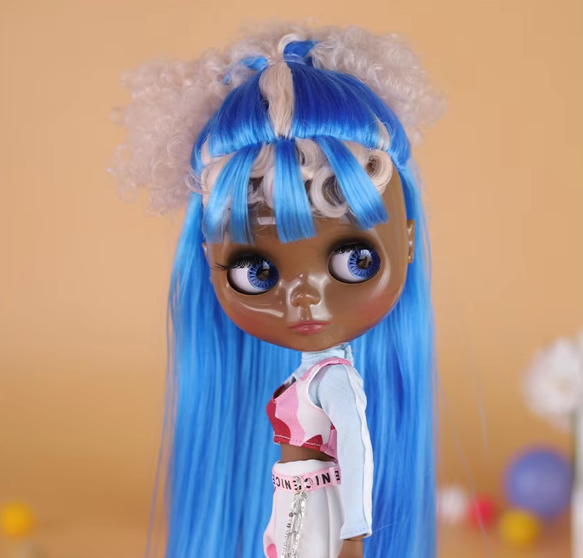 Neo Blythe Doll Blue Hair Shiny Face Super Black Skin Puppet BJD Interactive Toy