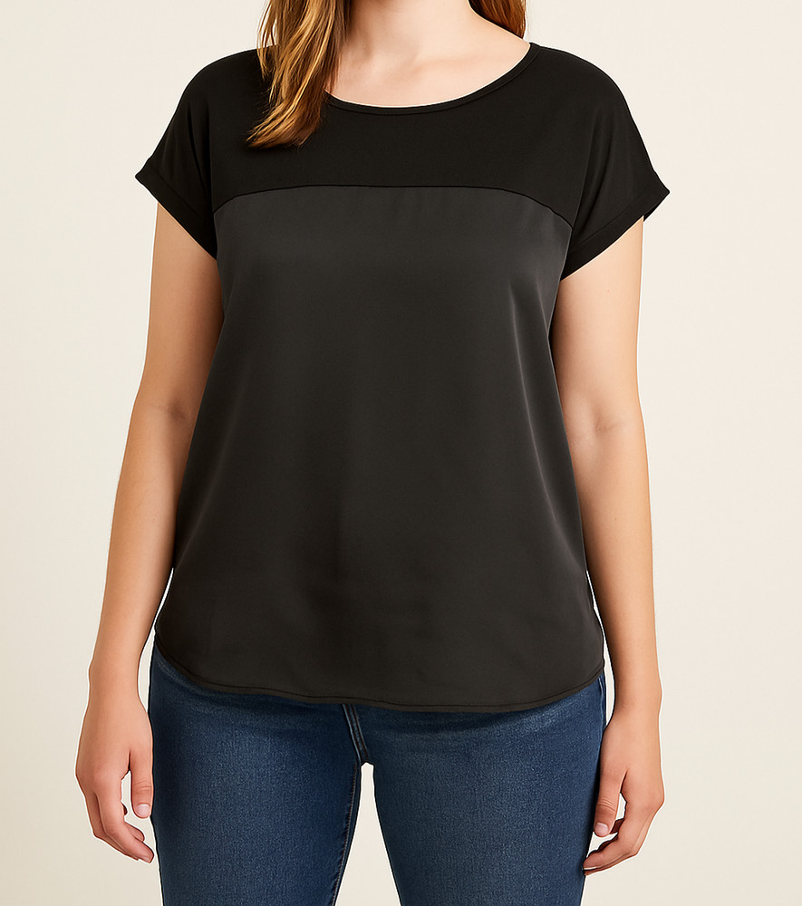 MNG Suit Women’s Black Short Sleeve Blouse Size L Elegant Lightweight Top