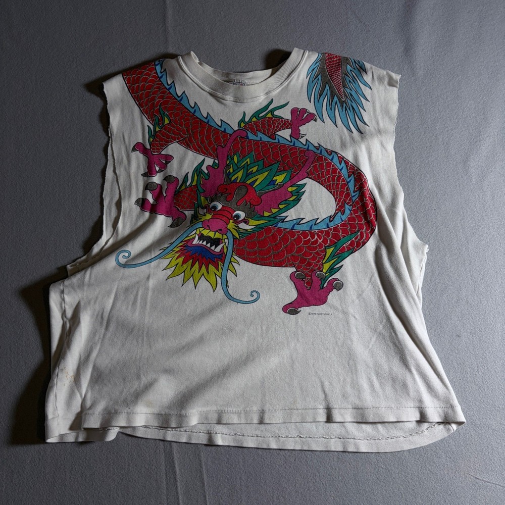 Vintage Dim Sum Shirts Dragon Graphic Muscle Tee White XL Sleeveless 90s Y2K