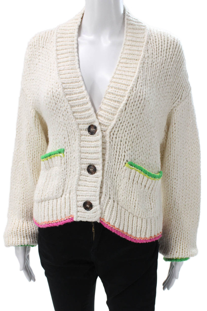 Re/Done Womens V Neck Cotton Cardigan Ivory Long Sleeve Solid Size XSFree Shipping in US $100+ Orders | $6.95 Orders Below