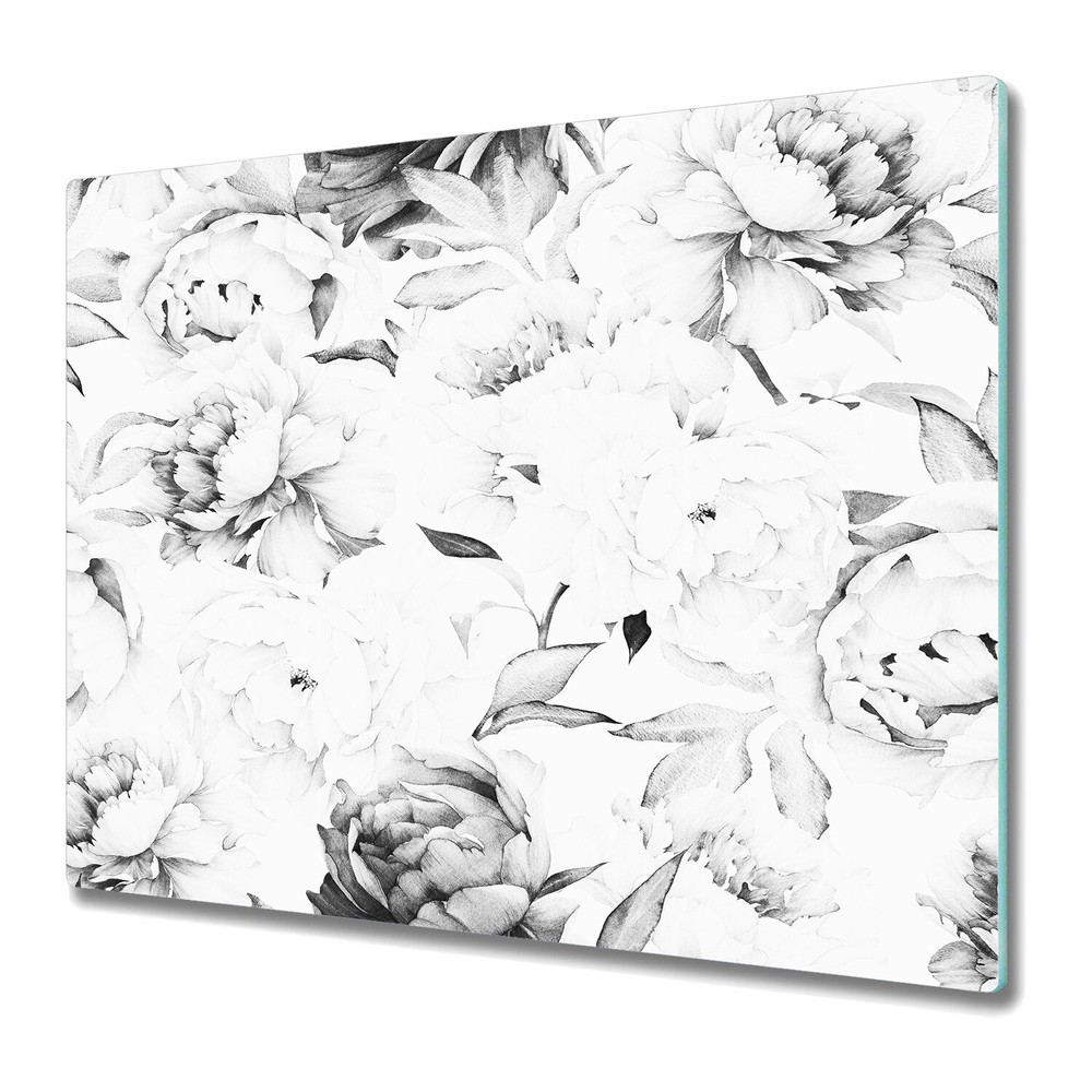 Glass Chopping Board Utensil Light Peony Sketch black white illustration 60x52
